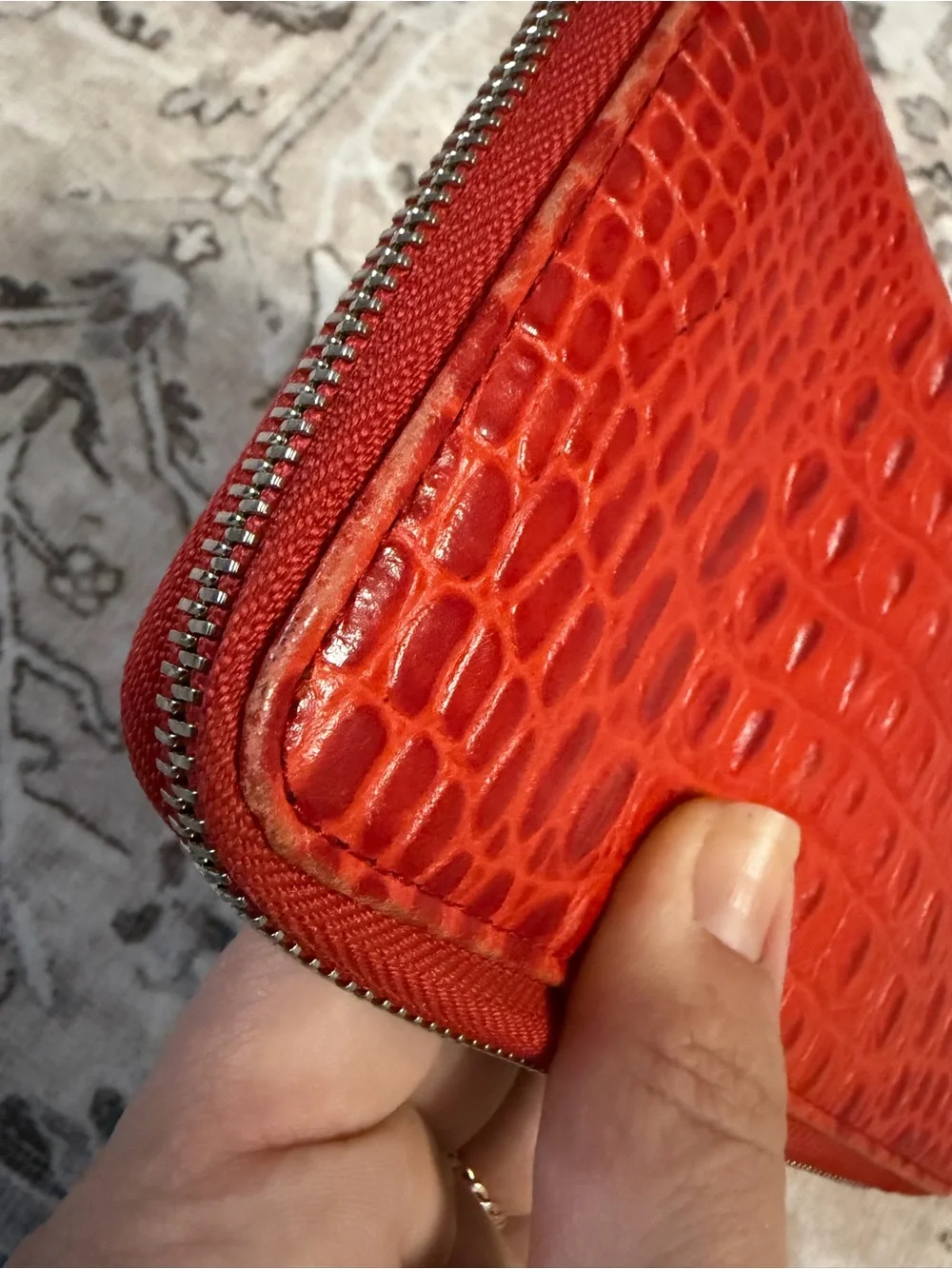 FURLA leather red/orange croc-Embossed Zip-around Wallet
